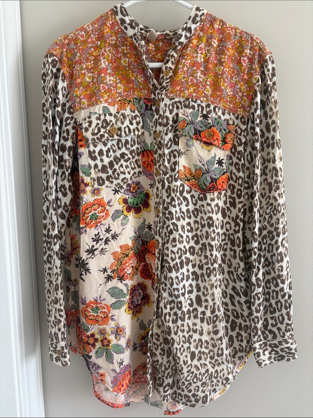 Anthropologie Pilcro Mixed Print Relaxed Button Down Shirt Floral Leopard XS